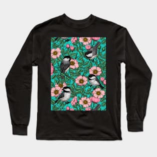 Chickadees in the wild rose, pink and blue Long Sleeve T-Shirt